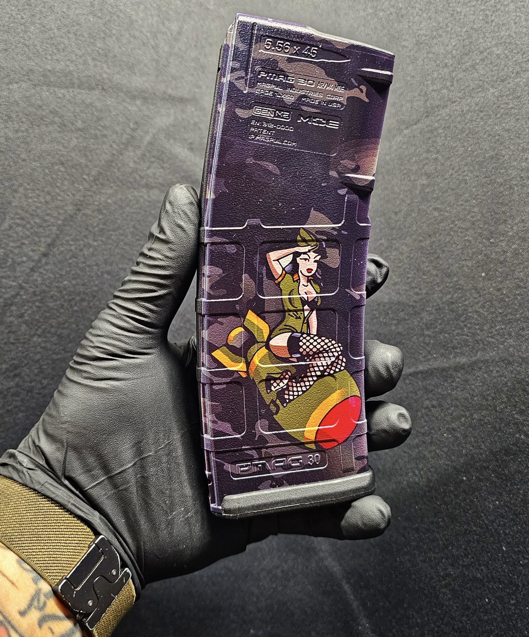 Magpul PMAG 30 AR-15 Gen 3 magazine with custom UV printed belle pin up and laser engraving in Watertown, MN